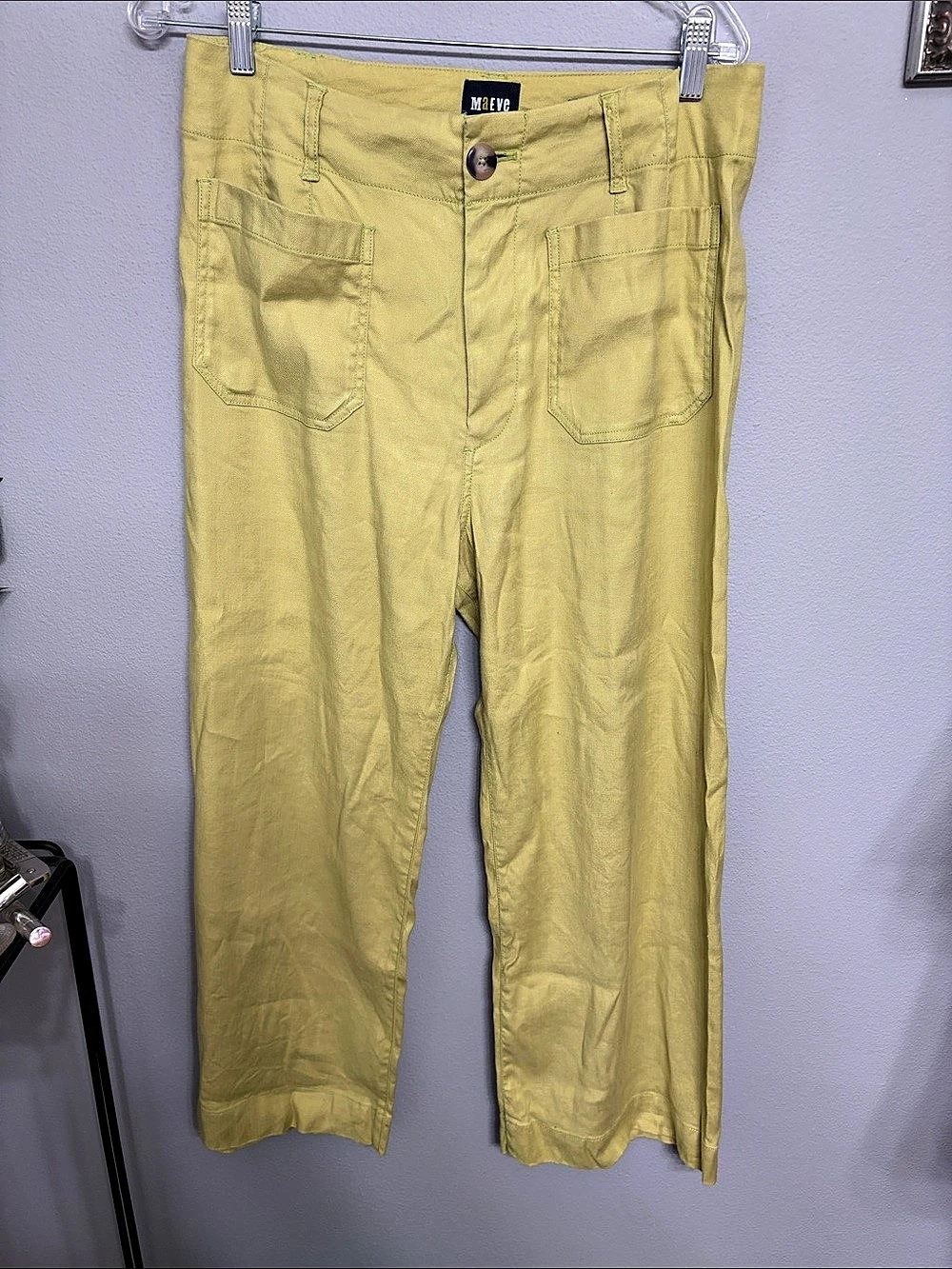 Maeve The Colette Linen Cropped Wide-Leg Pants Chartreuse Waist 30